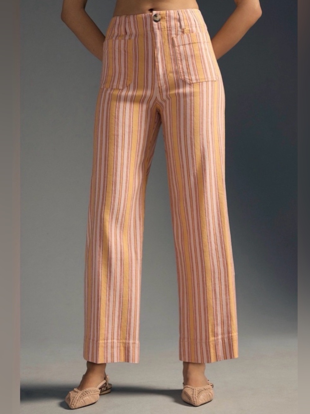 MAEVE The Colette Linen Wide Leg Cropped Pants Orange Stripe 28